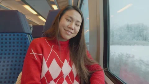 Joyful Journey on a Train Through Winter Landscapes Stock Footage 335588245