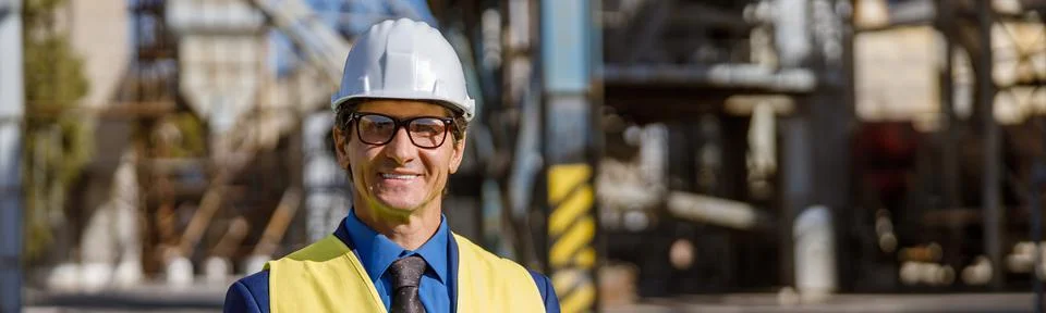 Joyful male engineer using notebook outdoors at factory Stock Photos