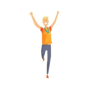 Joyful man character running with hands up. Cartoon male athlete with golden Stock Illustration
