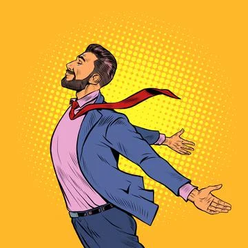 A joyful man stands in the wind, opened his hands to the elements. Strong leader イラスト素材