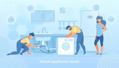 Joyful Men Characters Fixing Broken Home Technics Stock Illustration