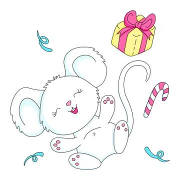 Joyful mouse with a gift - white background Stock Illustration