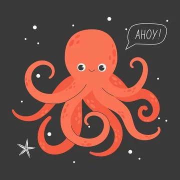 Joyful octopus isolated on dark background. Stock Illustration