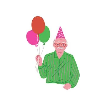 Joyful old man in festive hat with balloon, vector cartoon grandfather cele.. Stock Illustration