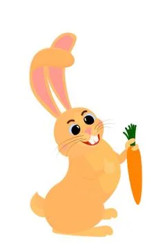 Joyful orange hare or rabbit holds carrots Stock Illustration