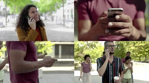 Joyful people in casual using mobile phone app Stock Footage 132484924