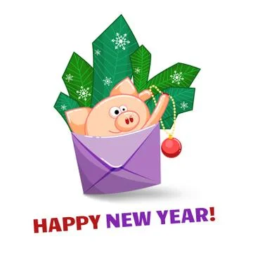 A joyful pig jumping out of an envelope to decorate the fir branches with Stock Illustration