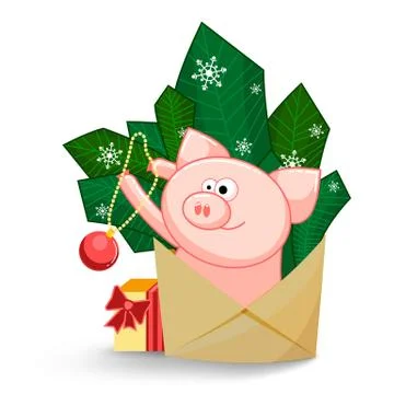A joyful pig jumping out of an envelope to decorate the fir branches. Stock Illustration
