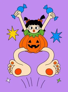 Joyful Pumpkin Girl with Candy Stock Illustration