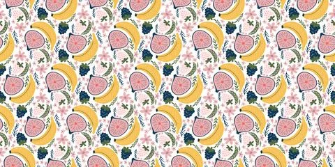Joyful seamless pattern with bananas, figs, blackberries, white strawberrie.. Stock Illustration