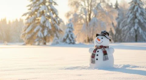 Joyful snowman dressed in a hat and scarf standing in a frosty field illuminated Stock Illustration