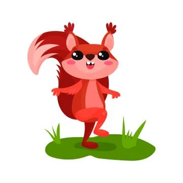 Joyful squirrel walking by green grass. Adorable forest rodent with happy muzzle Stock Illustration
