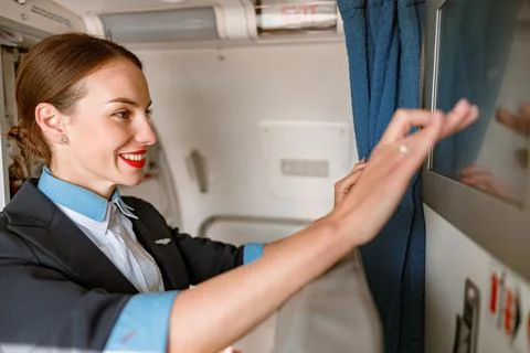 Joyful stewardess using touchscreen display in airplane Foto stock