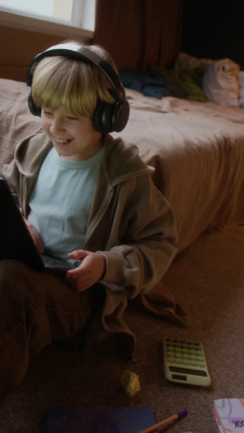 Joyful Student Boy Having Online Math Lesson Studying from Home Stock Footage 326676617