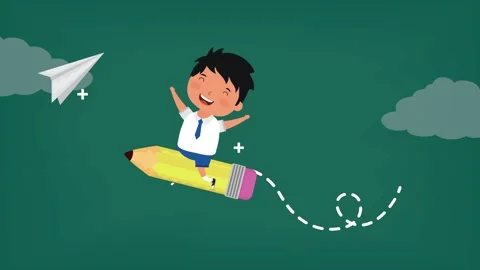 Joyful student flying on pencil over green background with clouds and paper.. Vídeo Stock 338312608