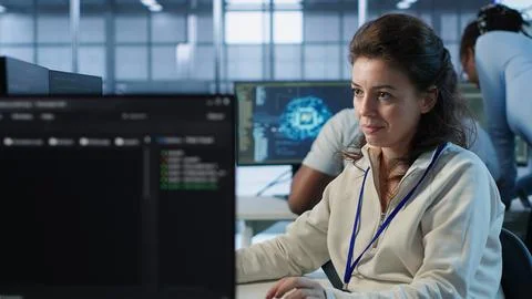 Joyful technician working in high tech data center workspace Foto stock