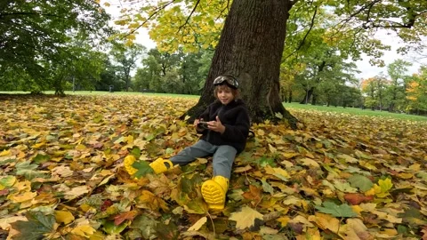 Joyful Time: Boy Sits by a Tree, Playing Happily on a Mobile Phone 4k Stock Footage 254078495