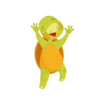 Joyful turtle in jumping action. Green reptile with brown shell. Animal happy Stock Illustration