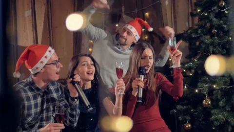 Joyfull friends dancing having fun at glamorous New year christmas party Video stock 82130504