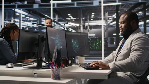 Joyous data center software developer delighted after solving all computer bugs Stock Footage 309637296