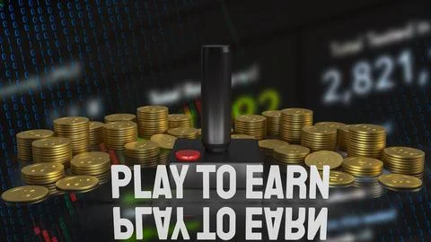 The joystick and play to earn text for game nft or technology concept 3d re.. Stock Illustration