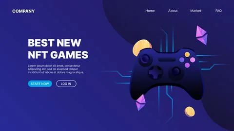 Joystick, game controller digital asset, flying coins, cryptocurrency logos. P2E Stock Illustration