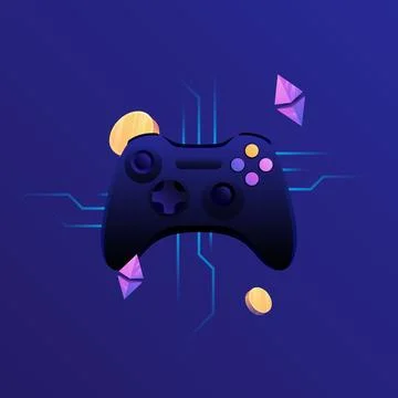 Joystick, game controller digital asset, flying coins, cryptocurrency logos. P2E Stock Illustration