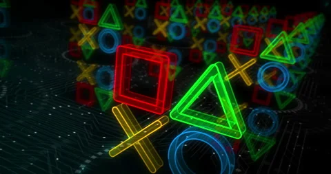 Joystick gaming and console video play symbols loop cyber concept Stock Footage 246791777