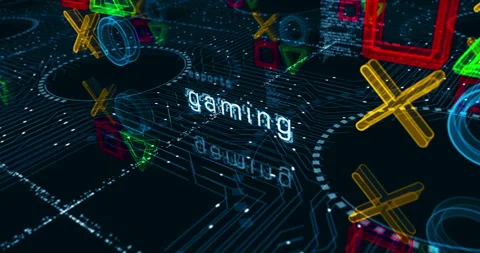 Joystick gaming and console video play symbols loop cyber concept Stock Footage 246791839