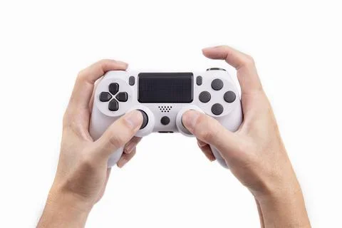 Joystick gaming controller in hand isolated on white background , Video gam.. Stock Photos