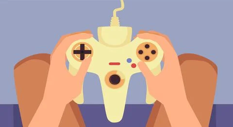 Joystick or game controller in hands of sitting man, flat vector illustration. Stock Illustration