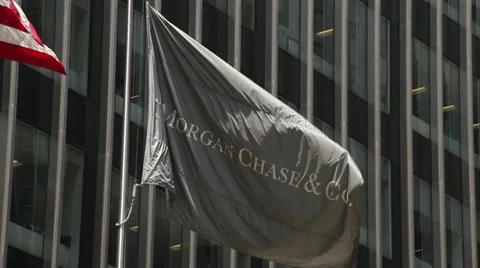 JP Morgan flag at New York headquarter office building Stock Footage
