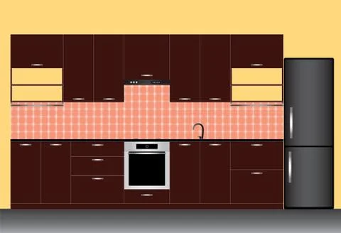 Jpeg illustration of modern kitchen interior in linear flat style. Kitchen in Stock Illustration