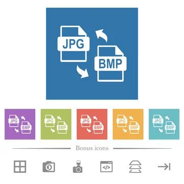 JPG BMP file conversion flat white icons in square backgrounds Stock Illustration
