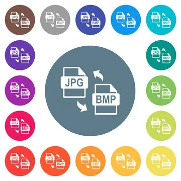 JPG BMP file conversion flat white icons on round color backgrounds Stock Illustration