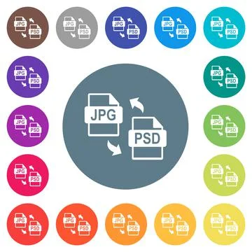 JPG PSD file conversion flat white icons on round color backgrounds Illustrazione stock