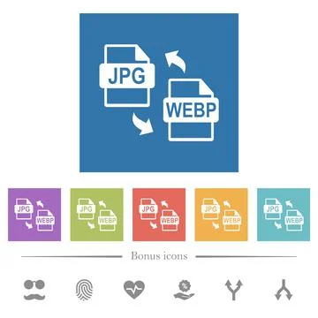 JPG WEBP file conversion flat white icons in square backgrounds 스톡 일러스트