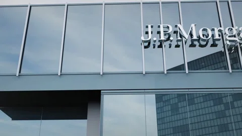 JPMorgan Chase Stock data presented on the logo of the office facade editorial Stock Footage 289749310