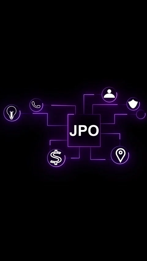 JPO network with interconnected icons and glowing purple lines on animated .. Видео 344859363