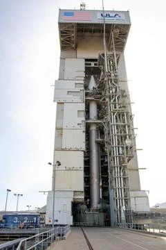 JPSS-2/LOFTID MST Doors Open. The mobile service tower doors are Stock Photos