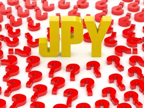 JPY sign surrounded by question marks. Concept 3D illustration. Stock Illustration