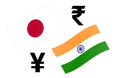 JPYINR forex currency pair vector illustration. Japanese and Indian flag, wit Stock Illustration