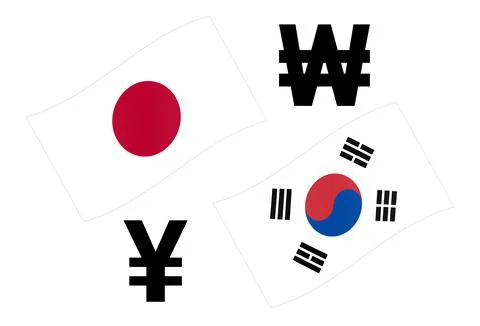 JPYKRW forex currency pair vector illustration. Japanese and Korean flag, wit Stock Illustration