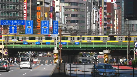 JR train runs on elevated railway over the Ome-Kaido Avenue Shinjuku Tokyo Stock Footage 196575998