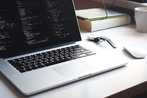 Js code on laptop screen, web development Foto stock