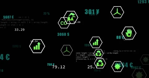 JS functions swapping, green hexagon icons floating and numeric values updating Stock Footage 313307057