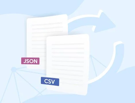 Json Csv converter concept. Two tables in different formats and circular arrow Stock Illustration