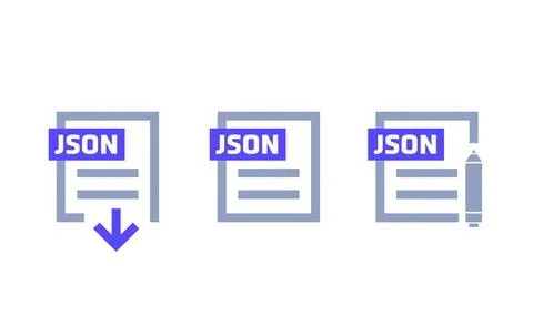 JSON format, download file, edit document icons Illustrazione stock