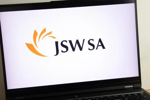 JSW SA Polish coal mining company logo displayed on laptop Stock Photos
