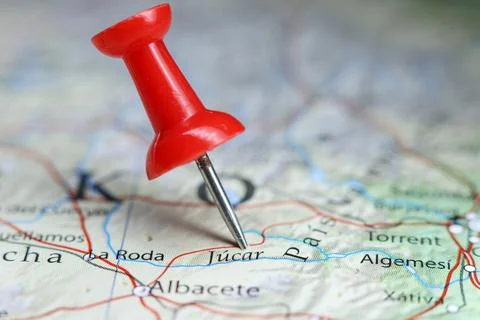 Jucar river, Spain pin on map Stock Photos